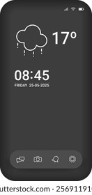 A minimalist dark themed mobile UI featuring weather information with rain icons, time, date, and a bottom navigation bar with message, camera, notification, and settings icons.