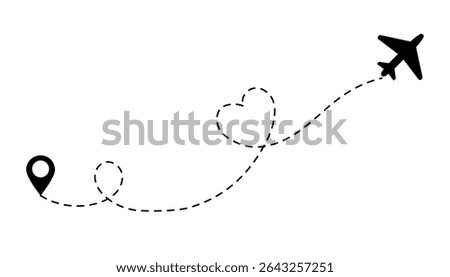 Minimalist dashed airplane travel path with map pins. Vector illustration of flight routes representing romantic trips, business travel, and journeys. Isolated on a transparent background. EPS10