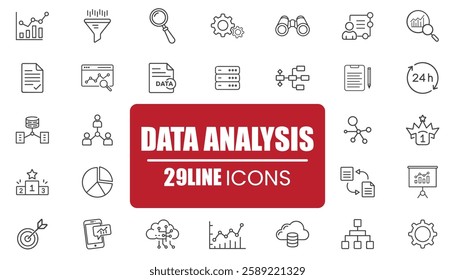 Minimalist Data Analysis Line Icons Set of 29 minimalist line icons representing data analysis, statistics, research, and business intelligence