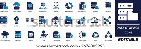 Minimalist data storage line icon set featuring cloud computing, database, server security, backup, and digital information systems. Perfect for web, apps, and technology projects