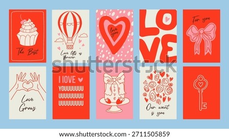 Minimalist Valentine’s Day card set with hand drawn hearts and romantic illustrations. Clean vector designs perfect for greeting cards, love notes, prints, and holiday decor.