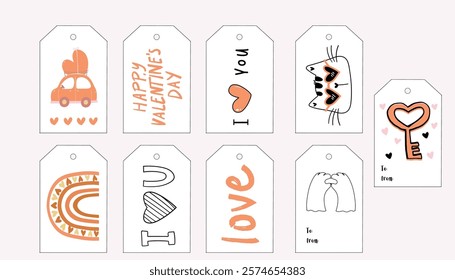 Minimalist Valentine’s Day gift tags with black, white, and peach tones featuring cute designs like hearts, love-themed icons, and romantic phrases. Perfect for decorating gifts or crafts.