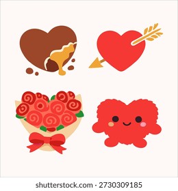 Minimalist Valentine’s Day icon set featuring eight modern love symbols. Clean flat illustrations include hearts, Cupid arrow, rose bouquet, love letter, crystal heart, love potion bottle and heart-shaped hot air balloon. Simple shapes, soft color palette and contemporary design make this collection perfect for greeting cards, social media posts, mobile apps, websites, packaging, prints and romantic branding. Ideal for Valentine’s Day, wedding designs, love themes and modern holiday visuals.
