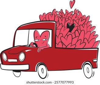 Minimalist Valentine’s Day illustration featuring a red truck loaded with pink hearts, driven by a heart character. Ideal for greeting cards, posters, prints, and romantic holiday designs.