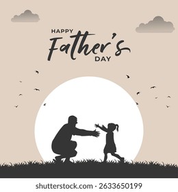 Minimalist Father’s Day poster with a father and daughter silhouette, showing an emotional embrace under a soft beige sky with birds and a glowing sun. Perfect for cards and social media.