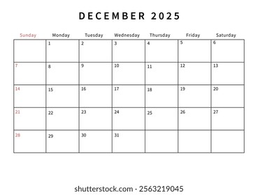 Minimalist December 2025 calendar design vector illustration. Perfect for planners, organizers, or scheduling purposes.