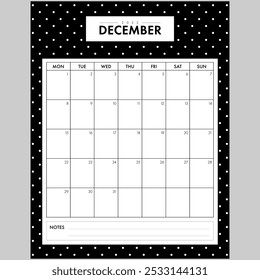 Minimalist December 2025 Calendar Month. Elegant Black and White Dotted Background month by month planner with writing space for organization. Part of a monthly year set.