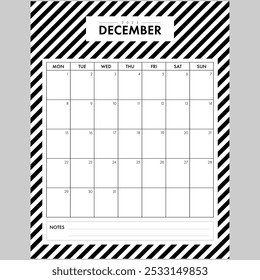 Minimalist December 2025 Calendar Month. Elegant Black and White Stripped Background month by month planner with writing space for organization. Part of a monthly year set.