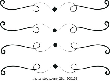 Minimalist decorative divider outline vector illustration featuring elegant flourish line art ornaments. Perfect for wedding invitations, greeting cards, certificates, menus, logos, branding, book layouts, website decorations, social media graphics, and printable designs. Isolated on a white background with scalable vector quality and editable strokes.