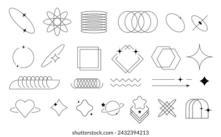 Minimalist decorative set of line frames and elements in retro manner. Y2k aesthetic design. Shapes with stars, arches and spirals, geometric forms. Template for social media. Vector in flat style