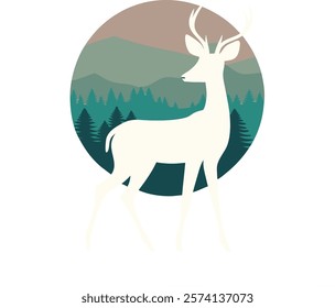 Minimalist deer silhouette set against a serene gradient forest landscape, perfect for nature-inspired digital art and decor.