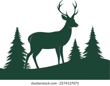 Minimalist deer silhouette set against a serene gradient forest landscape, perfect for nature-inspired digital art and decor.