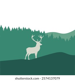 Minimalist deer silhouette set against a serene gradient forest landscape, perfect for nature-inspired digital art and decor.