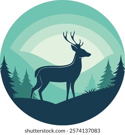 Minimalist deer silhouette set against a serene gradient forest landscape, perfect for nature-inspired digital art and decor.