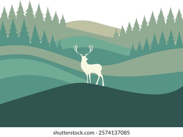 Minimalist deer silhouette set against a serene gradient forest landscape, perfect for nature-inspired digital art and decor.