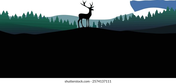 Minimalist deer silhouette set against a serene gradient forest landscape, perfect for nature-inspired digital art and decor.