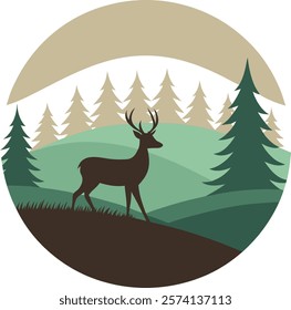 Minimalist deer silhouette set against a serene gradient forest landscape, perfect for nature-inspired digital art and decor.