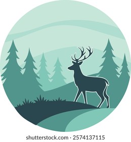 Minimalist deer silhouette set against a serene gradient forest landscape, perfect for nature-inspired digital art and decor.