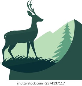 Minimalist deer silhouette set against a serene gradient forest landscape, perfect for nature-inspired digital art and decor.