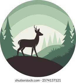 Minimalist deer silhouette set against a serene gradient forest landscape, perfect for nature-inspired digital art and decor.