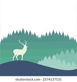 Minimalist deer silhouette set against a serene gradient forest landscape, perfect for nature-inspired digital art and decor.