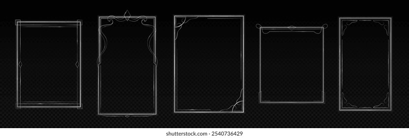 Minimalist delicate thin white outline frames on dark backdrop. Elegant rectangular shapes with subtle geometric ornaments at corners. Decorative borders for vintage certificates or invitations design