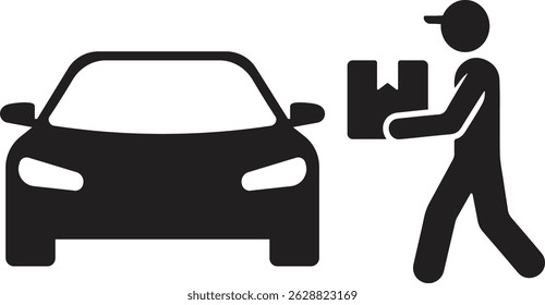 Minimalist Delivery Icon—Human Figure Approaching Car with Package in Black and White