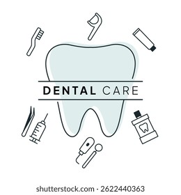 Minimalist dental care vector illustration with large tooth in center, surrounded by outlined icons of dental tools and hygiene items. Clean design suitable for clinic branding and health campaigns
