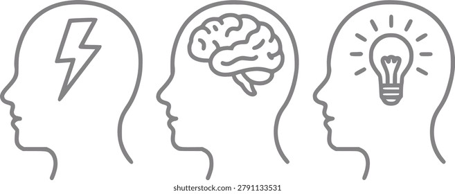 A minimalist depicting three human head profiles. The first a lightning bolt, the second a brain, and the third a lit lightbulb, symbolizing stages of thought and ideas.