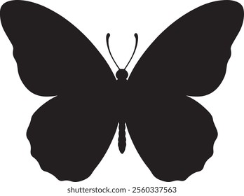 A minimalist depiction of a butterfly in black silhouette on a white background. Ideal for nature-themed design projects, educational visual aids, or decorative uses in print and digital media.