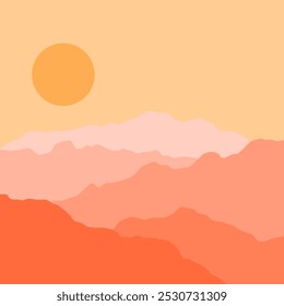 A minimalist depiction of a desert landscape with orange and pink layered mountains under a soft orange sun. The color palette creates a warm and peaceful desert vibe.