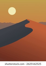 A minimalist depiction of a desert landscape with orange and warm tones mountains under a soft yellow sun. The color palette creates a warm and peaceful desert vibe