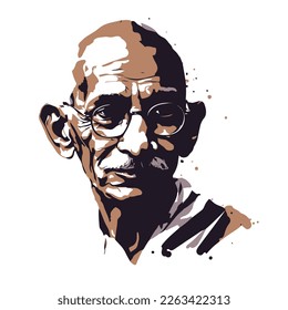 Minimalist depiction of Gandhi's iconic glasses and peaceful demeanor in bold, contrasting colors.