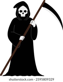 A minimalist depiction of the Grim Reaper stands confidently, holding a scythe, conveying an aura of mystery and the inevitability of death.