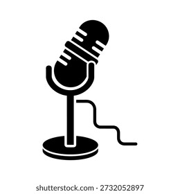 A minimalist depiction of a microphone, notable for its distinct black silhouette style.