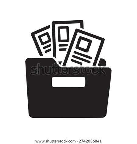 A minimalist depiction of papers in a container, notable for its clean silhouette style.
