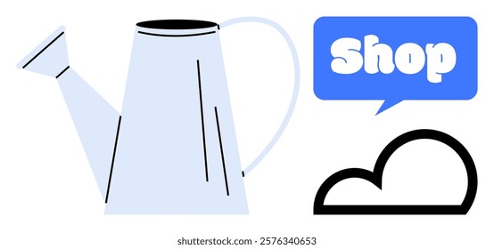 Minimalist depiction of a retro watering can alongside a speech bubble with the word Shop above a stylized cloud. Ideal for online gardening stores home and garden blogs e-commerce minimalist designs