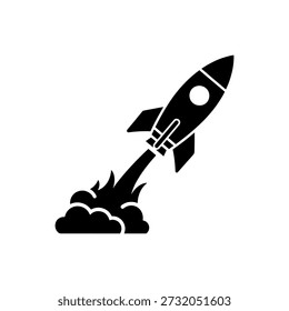 A minimalist depiction of a rocket launch, notable for its bold, black silhouette style.