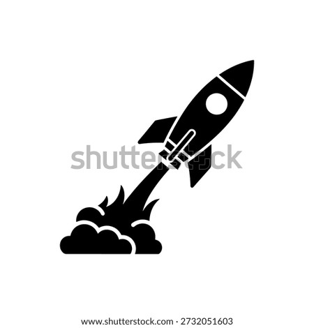 A minimalist depiction of a rocket launch, notable for its bold, black silhouette style.