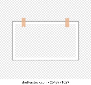 A representação minimalista mostra um quadro branco vazio, orientado horizontalmente e afixado com duas tiras de fita adesiva contra um pano de fundo transparente, criando um elemento visual elegante.