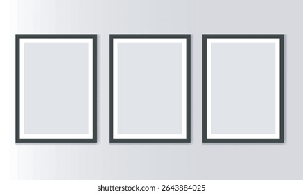  A minimalist depiction of three empty, black-framed pictures hanging on a light gray wall. The mood is clean, modern, and versatile, ideal for showcasing artwork or design concepts. 