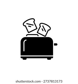 A minimalist depiction of a toaster ejecting two pieces of toast in black silhouette