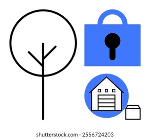 A minimalist depiction of a tree, a lock, and a garage with a box in blue and black colors. Ideal for environmental themes, security concepts, home life, urban development, and simplistic design