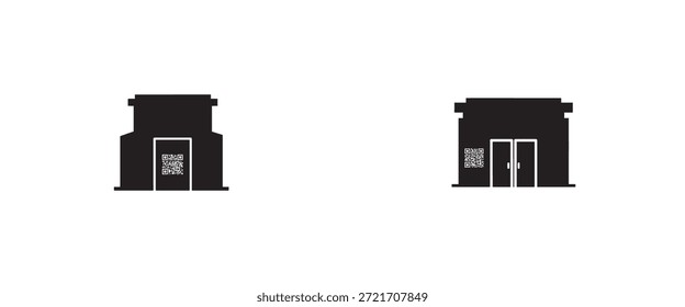 Una representación minimalista de dos fachadas de edificios simples con puertas que sugieren formas arquitectónicas en blanco y negro