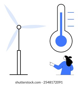 Representação minimalista de uma turbina eólica e um termômetro com uma pessoa apontando. Ideal para a sensibilização para as alterações climáticas, energias renováveis, regulação da temperatura, iniciativas ecológicas, educação