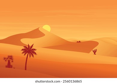 Minimalist desert dunes at dusk, Silhouette landscape of desert twilight at sunset, cactus and date palm illustration