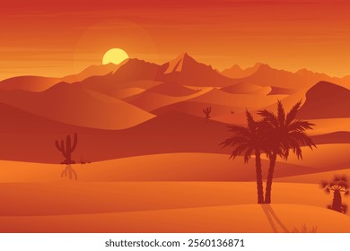 Minimalist desert dunes at dusk, Silhouette landscape of desert twilight at sunset, cactus and date palm illustration