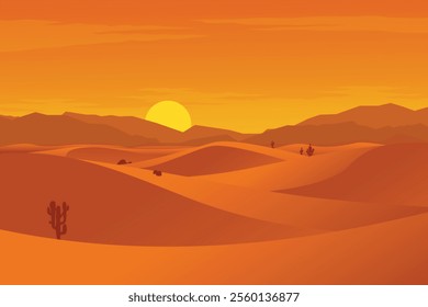 Minimalist desert dunes at dusk, Silhouette landscape of desert twilight at sunset, cactus and date palm illustration