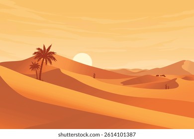 Minimalist Desert Dunes at Dusk, Silhouette Landscape of Desert Twilight at Sunset, Cactus and Date Palm Illustration