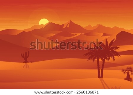 Minimalist desert dunes at dusk, Silhouette landscape of desert twilight at sunset, cactus and date palm illustration